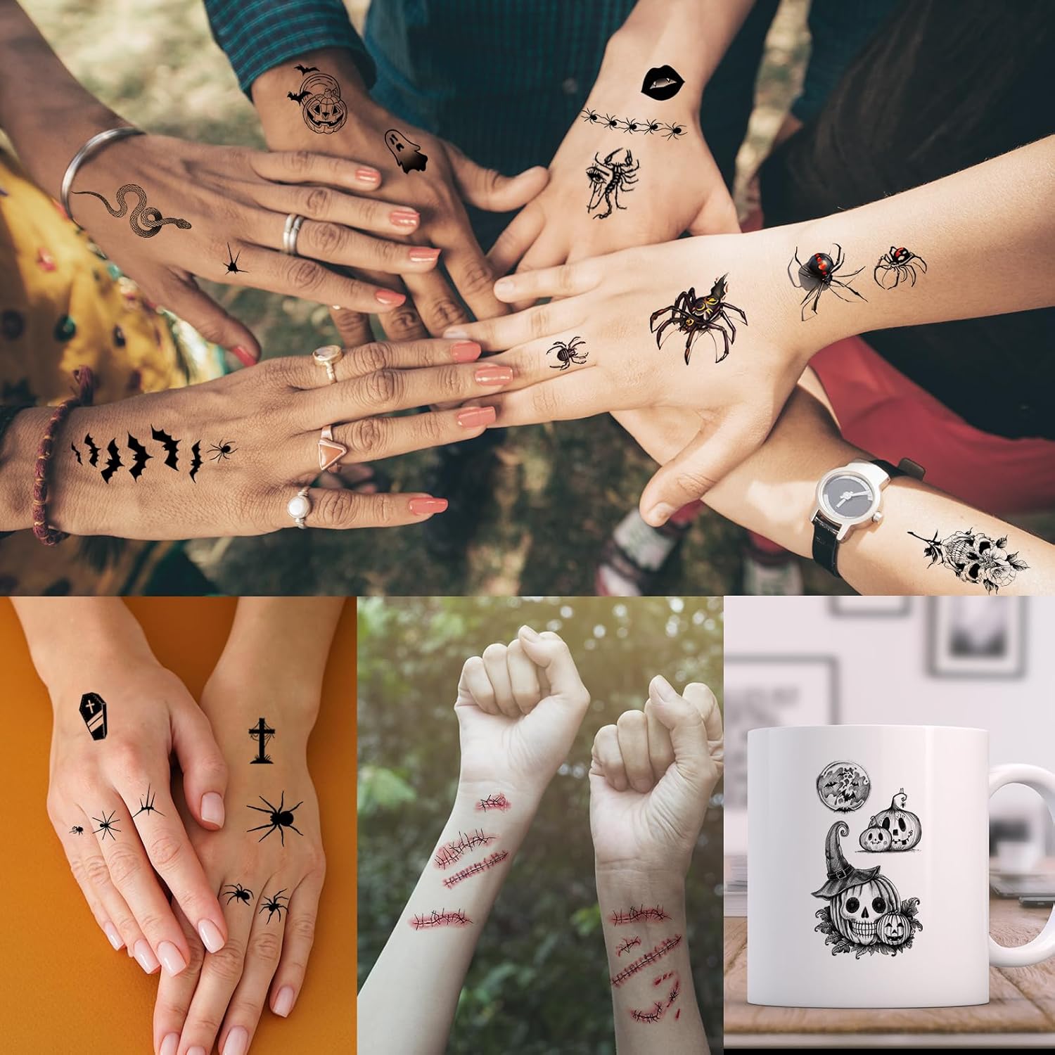 52 Sheets Black Halloween Temporary Tattoos for Kids Men Women, Include 10 Sheets Large Half Arm Sleeve Fake Tattoos, 200+ PCS Spider Snake Tiger Lion Skull Bat Vampire Scar Halloween Tattoos - Image 5