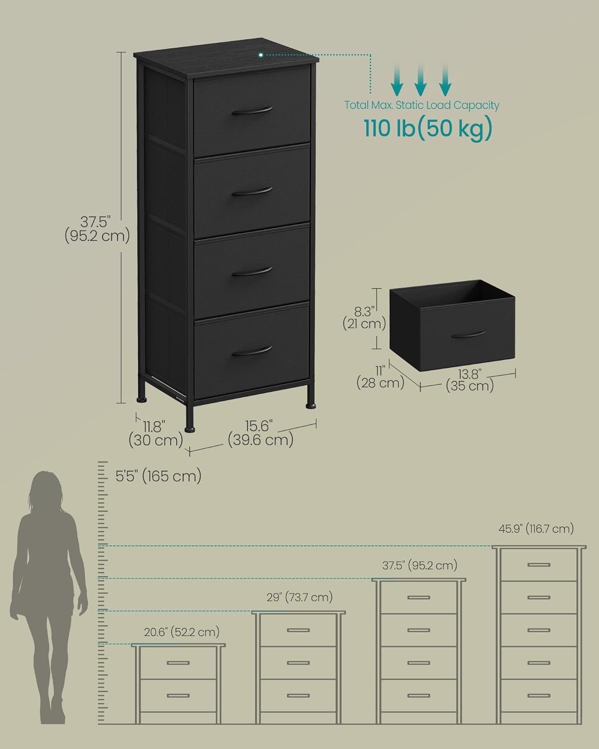 SONGMICS Dresser for Bedroom, Chest of Drawers, Steel, MDF, 4 Non-Woven Fabric Drawers, Storage Organizer Unit, Closet, Entryway, Ink Black and Ebony Black ULGS314B01S - Image 2
