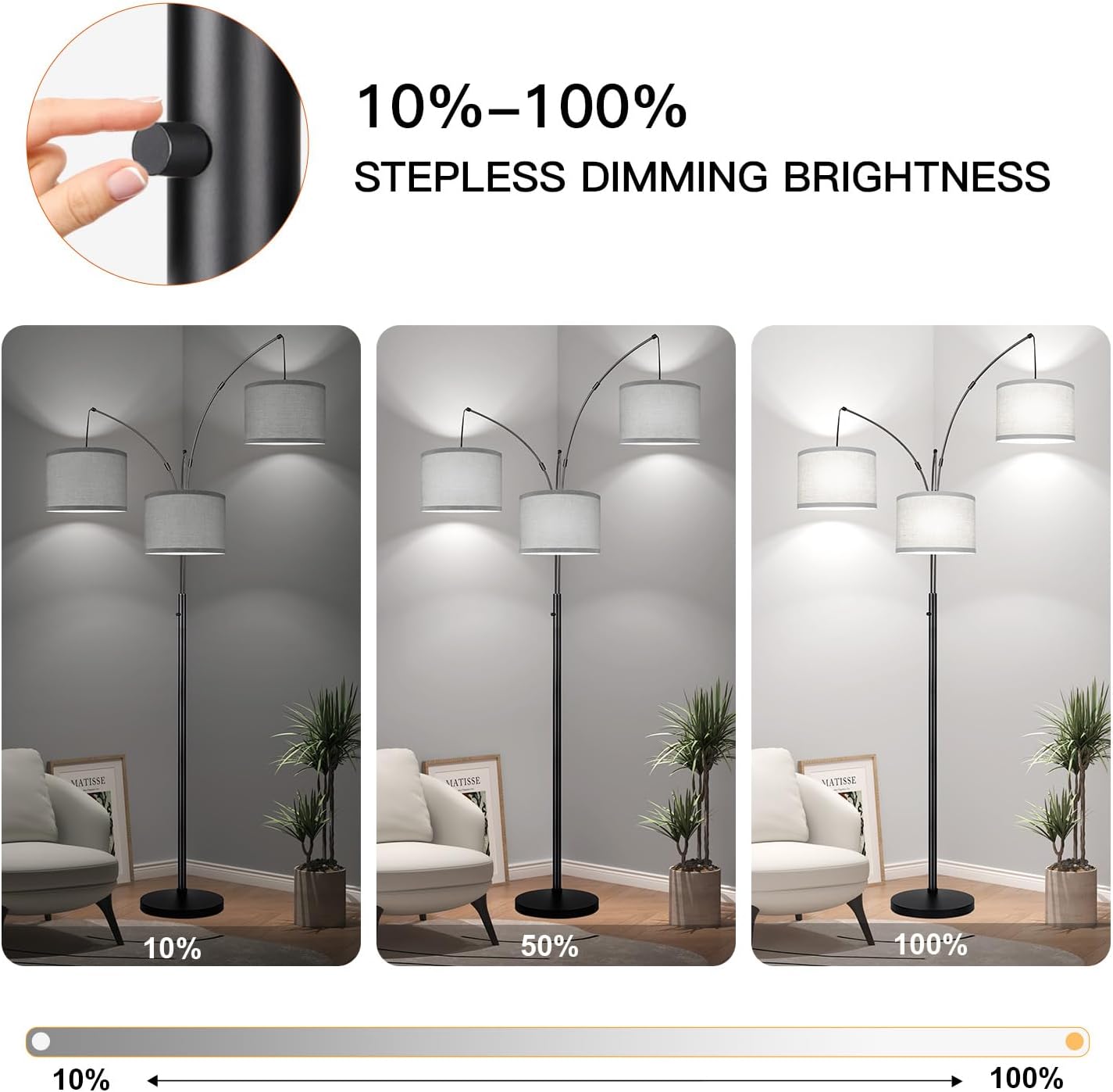 Dimmable Floor Lamp, 3 Lights Arc Floor Lamps for Living Room, Modern Tall Standing Tree Lamp with Gray Linen Shade & Heavy Base, Large Floor Lamp for Bedroom Office, 3x1000 LM LED Bulbs Included - Image 3