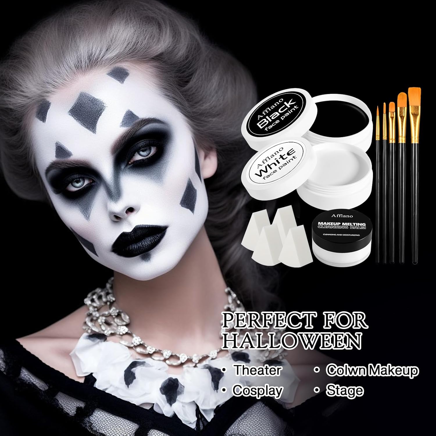 Black & White Face Paint Kit – Large 50g Oil-Based Grease Makeup Jars with Remover, 5 Brushes & 4 Sponges – Halloween, Cosplay & Stage SFX Makeup Set - Image 2