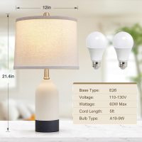 Luvkczc Modern Ceramic Lamps for Bedrooms Set of 2, 3-Color Temperature Table Lamp Bedside Nightstand Desk Reading Lamp with Fabric Drum Shade for Bedroom, Living Room, 2 Bulbs Included (21.4") - Image 2