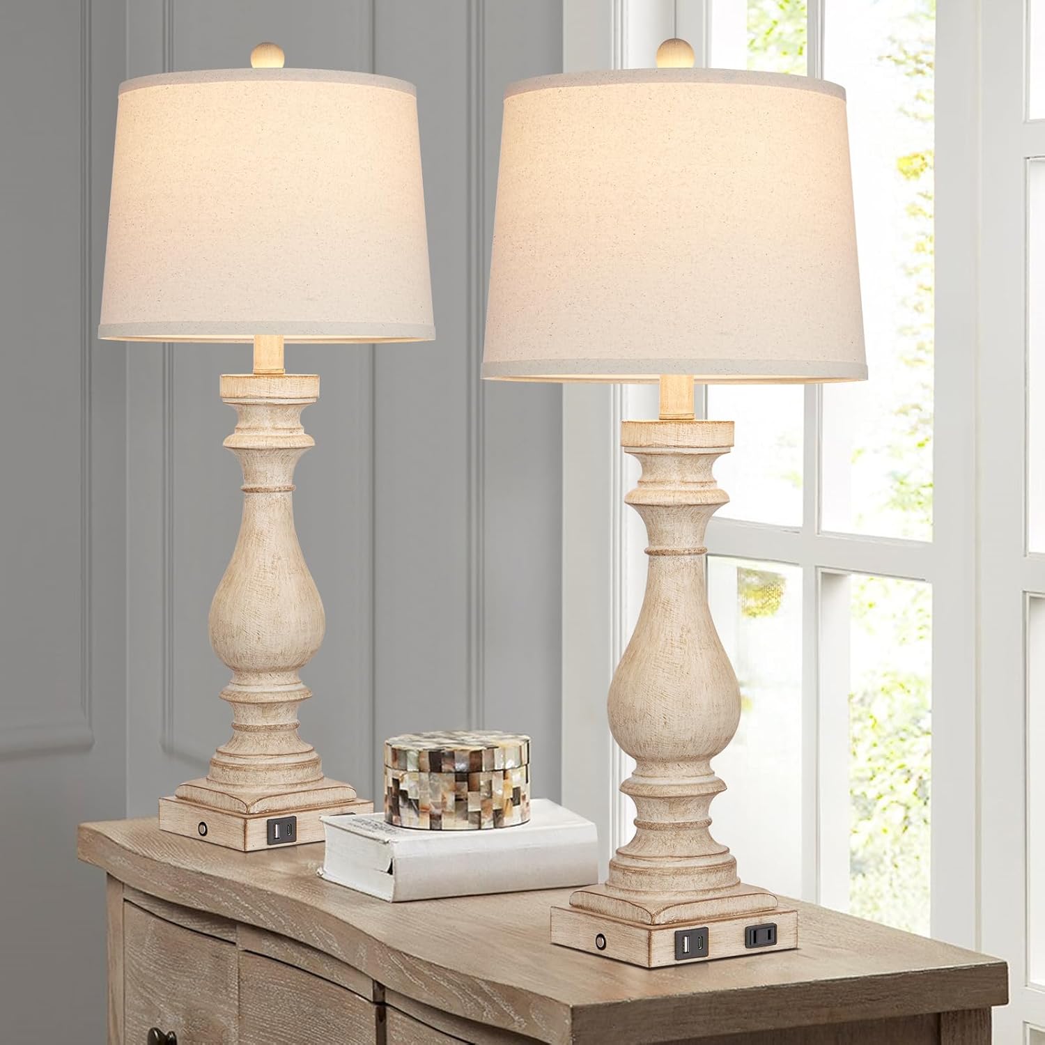 29" Tall Table Lamp for Living Room Set of 2,Vintage Bedside Nightstand Lamps with USB C+A Ports & AC Outlet,3-Way Dimmable Touch Control Desk Lamp for Bedroom,Color 1 - Image 3