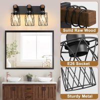 IZORRO Farmhouse Bathroom Vanity Light, 3-Light Wood Bathroom Light Fixtures Over Mirror, Black Industrial Vanity Lights with Metal Shade, Rustic Restroom Lighting Fixtures - Image 3