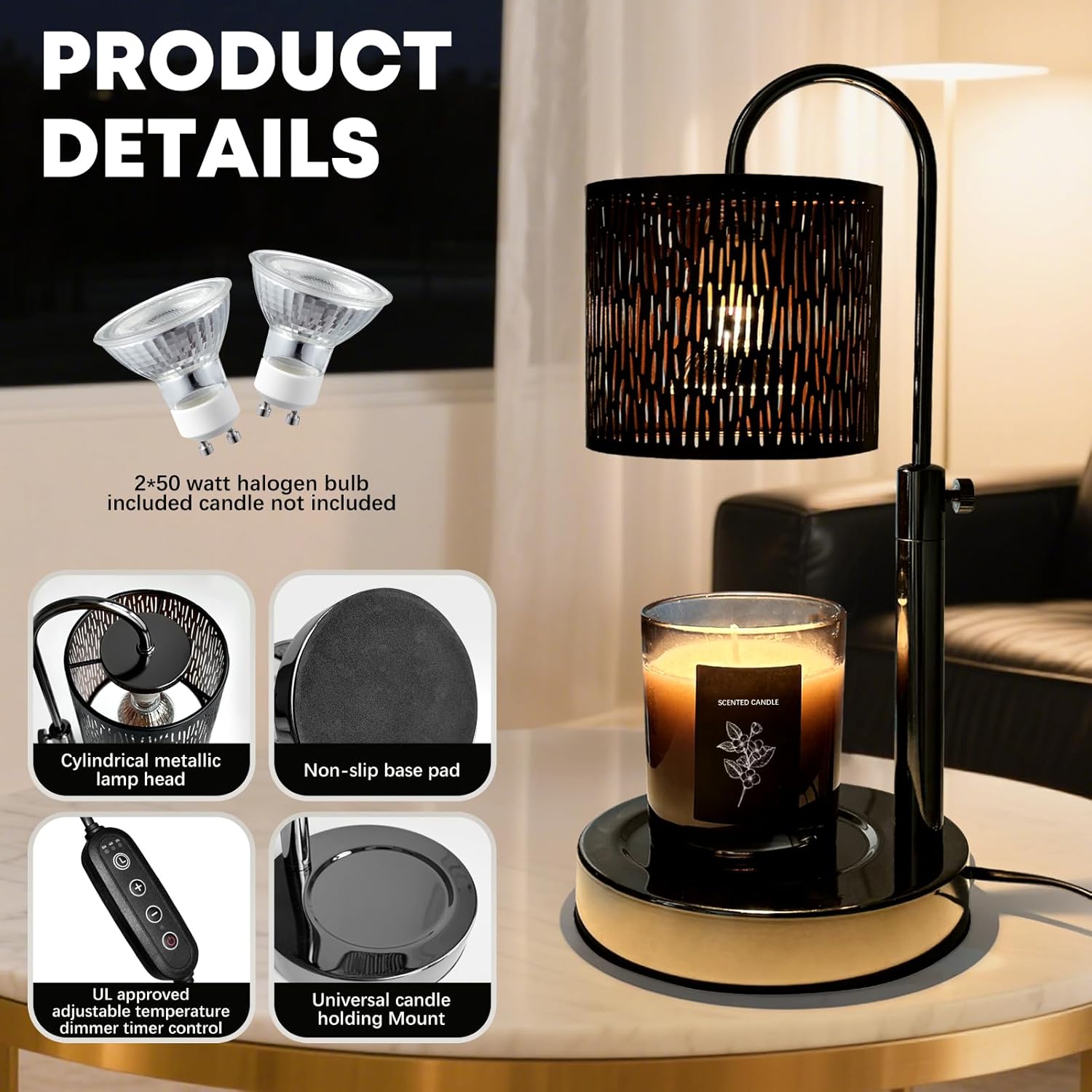 Candles Warmer Lamp with Timer and Dimmer, Home Bedroom Decor, Electric Adjustable Candle Wax Warmer Melter, Vintage Decor Birthday Monther Day Gifts,2 Bulbs,Black - Image 2