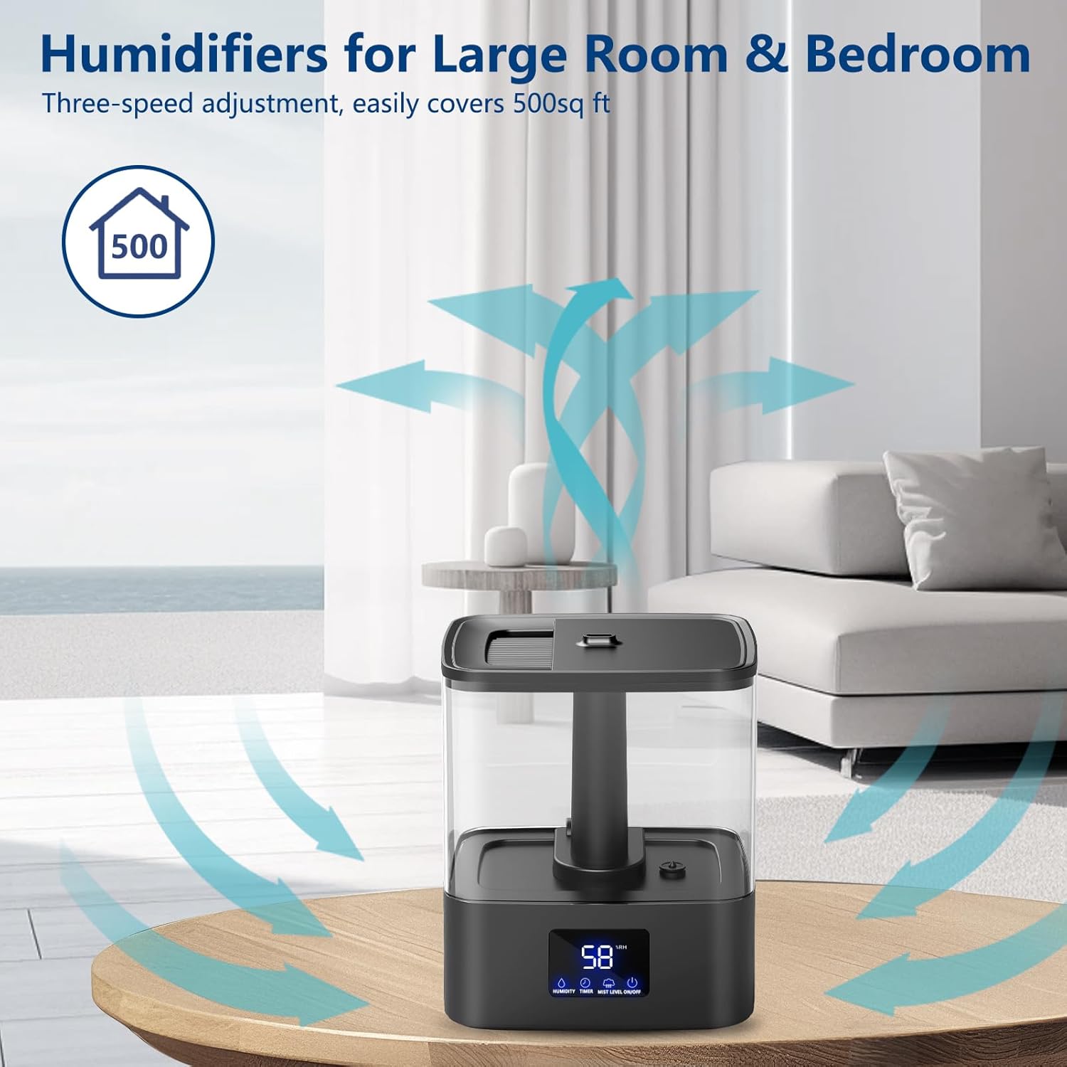 KZF 4L Top Fill Humidifiers for Bedroom & 60H Runtime - Cool Mist Humidifier, 3 Mist Levels, 8H Timer, Essential Oil Tray, Humidity Display, Quiet for Bedroom, Baby, Plants, Large Room - Image 5