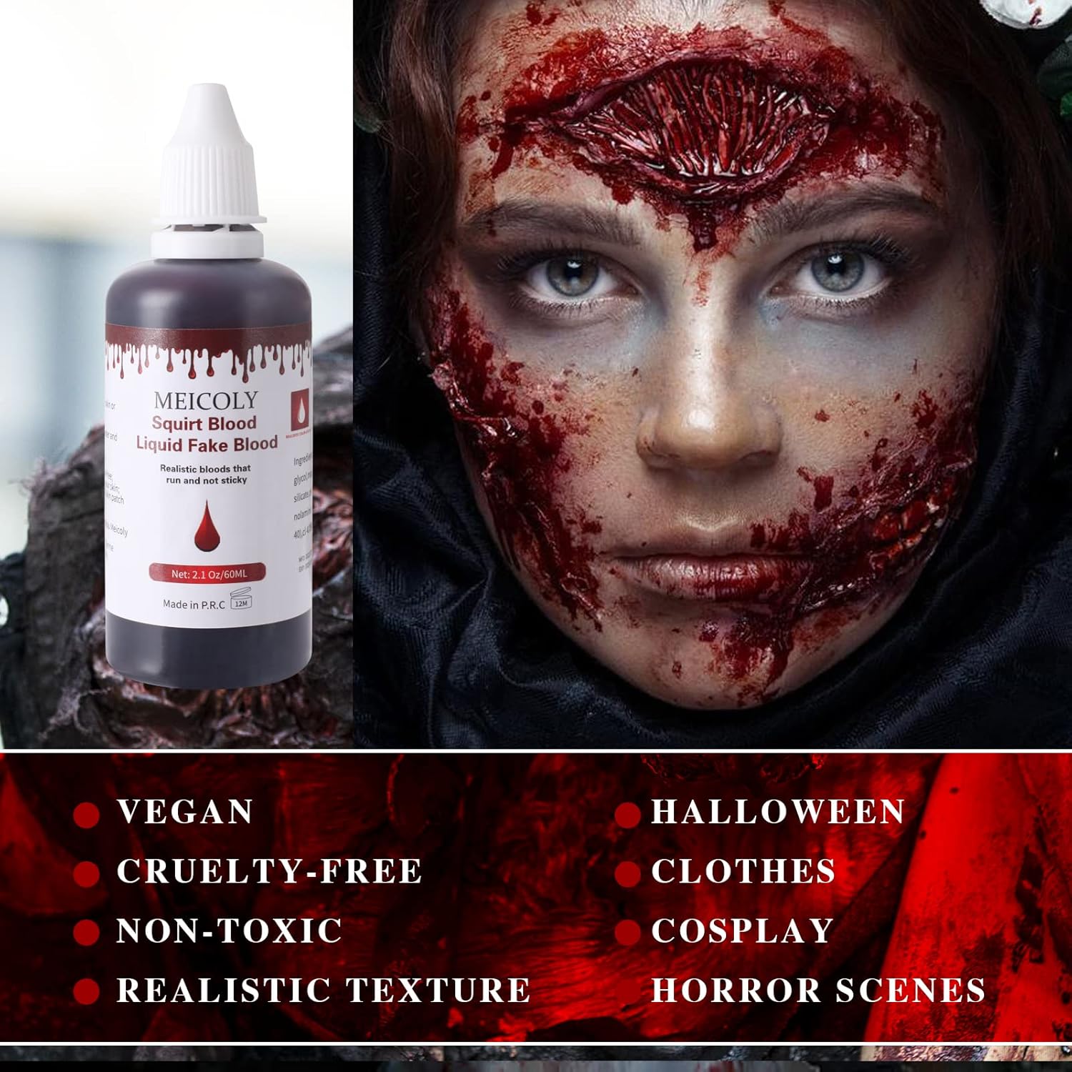 MEICOLY 2.1Oz Halloween Dripping Fake Blood,Safe Realistic Washable Edible Liquid Blood Sangre Falsa with 0.7 Oz Cleaning Soap,Squirt Blood for Clothes,Zombie Vampire Monster,SFX Cut Wound Makeup,Dark - Image 2