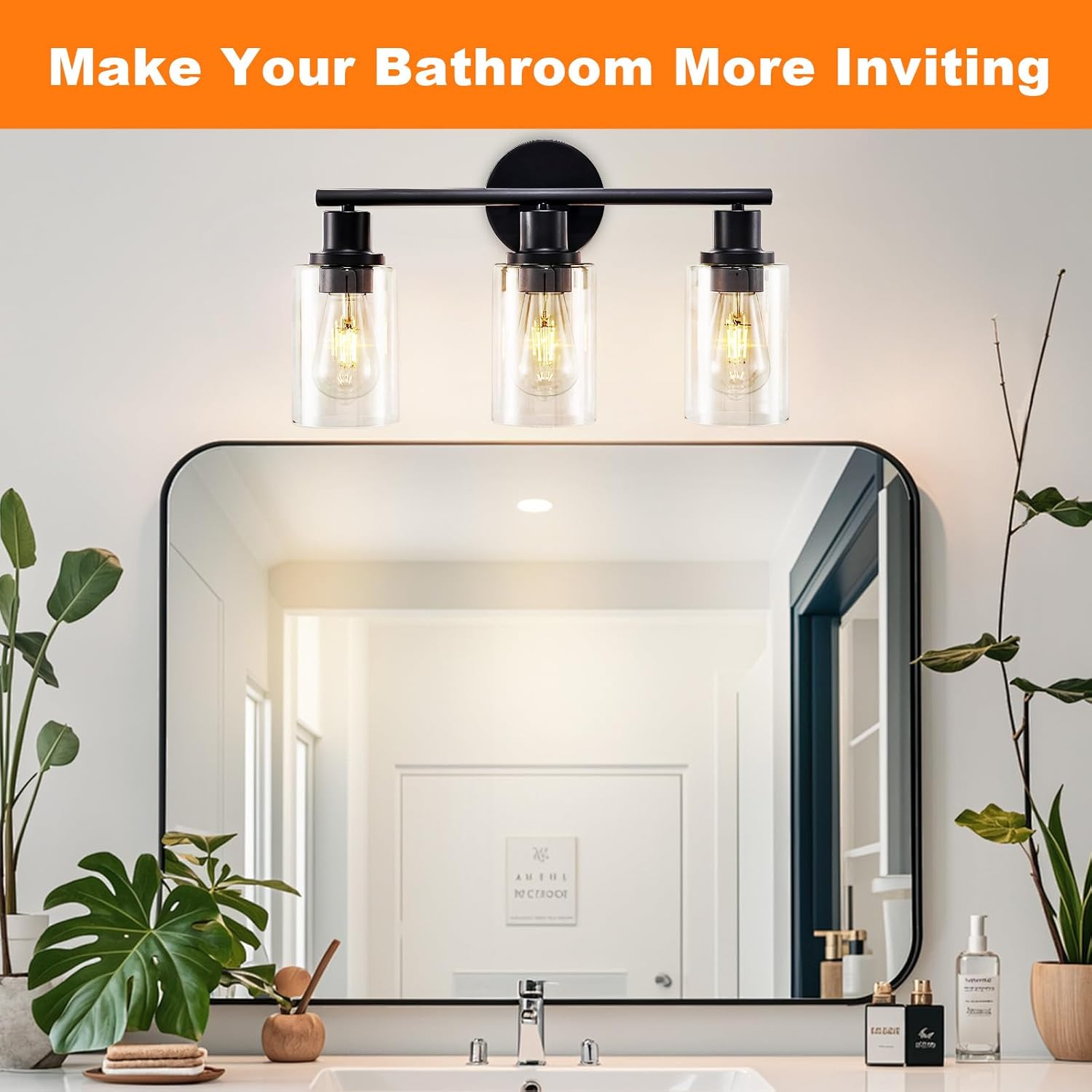 DLLT 3-Light Bathroom Light Fixtures: Black Modern Vanity Lights with 3 E26 Bulbs - Clear Glass Shade Bathroom Wall Lamp for Mirror Kitchen Living Room Hallway Cabinet Porch - Image 3