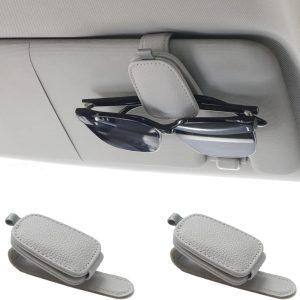 Yuoyar Sunglass Holder for Car, Magnetic Leather Sunglasses Holder and Ticket Card Clip, Car Visor Accessories, 2 Packs (Silver Grey)