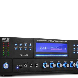 Pyle 4-Channel Wireless Bluetooth Power Amplifier - 1000W Stereo Speaker Home Audio Receiver w/ FM Radio, USB, Headphone, 2 Microphone w/ Echo, Front Loading CD DVD Player, LED, Rack Mount - PD1000BA