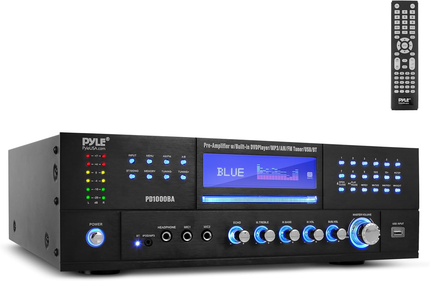 Pyle 4-Channel Wireless Bluetooth Power Amplifier - 1000W Stereo Speaker Home Audio Receiver w/ FM Radio, USB, Headphone, 2 Microphone w/ Echo, Front Loading CD DVD Player, LED, Rack Mount - PD1000BA