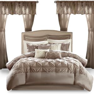 Madison Park Essentials Room in a Bag Faux Silk Comforter Set - Luxe Diamond Tufting All Season Bedding, Matching Curtains, Decorative Pillows, Taupe King(104"x92") 24 Piece