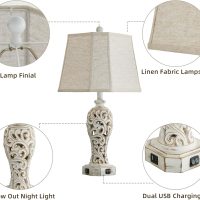 Set of 2 Rustic Table Lamps for Living Room Bedroom, Farmhouse Vintage Nightstand Lamp with 2 USB Ports, Hollow Out Resin Lamp for End Table with Nightlight, Bulbs Included (Wash White) - Image 5