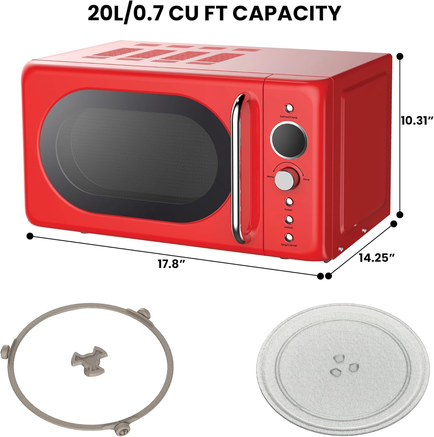 Total Chef Retro Microwave Oven | 20L / 0.7 Cu Ft | Quick Start & Defrost By Weight/Time | 8 Pre-set Cooking Modes For Coffee, Rice, Pasta, Potato, Reheat, Fish, Pizza, Popcorn | 700W | Red - Image 6