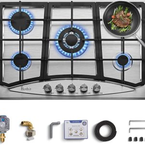 Hothit Propane Gas Cooktop 30" Inch, 5 Burner Built-in Stainless Steel Gas Stove Top, LPG/NG Dual Fuel Auto Ignition Gas Hob, Include Gas Pressure Regulator(L30"×W20")…