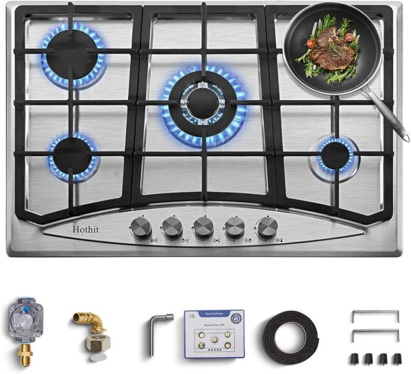 Hothit Propane Gas Cooktop 30" Inch, 5 Burner Built-in Stainless Steel Gas Stove Top, LPG/NG Dual Fuel Auto Ignition Gas Hob, Include Gas Pressure Regulator(L30"×W20")…