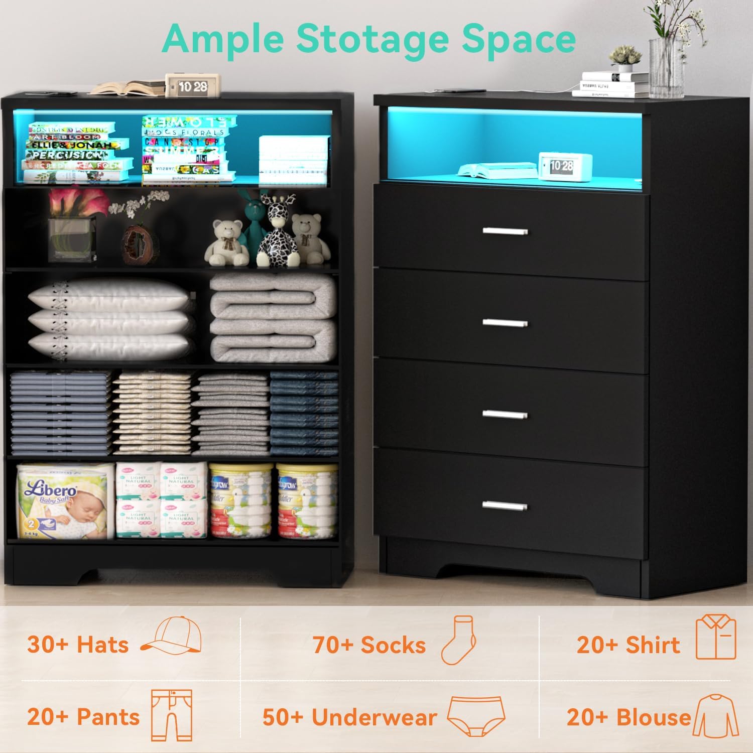 Dresser with Power Outlets and LED Lights Wooden 4 Drawer Dresser with Large Organizer Tall Black Drawer for Bedroom Modern Chest of Drawers Closet for Living Room Kids Room - Image 6