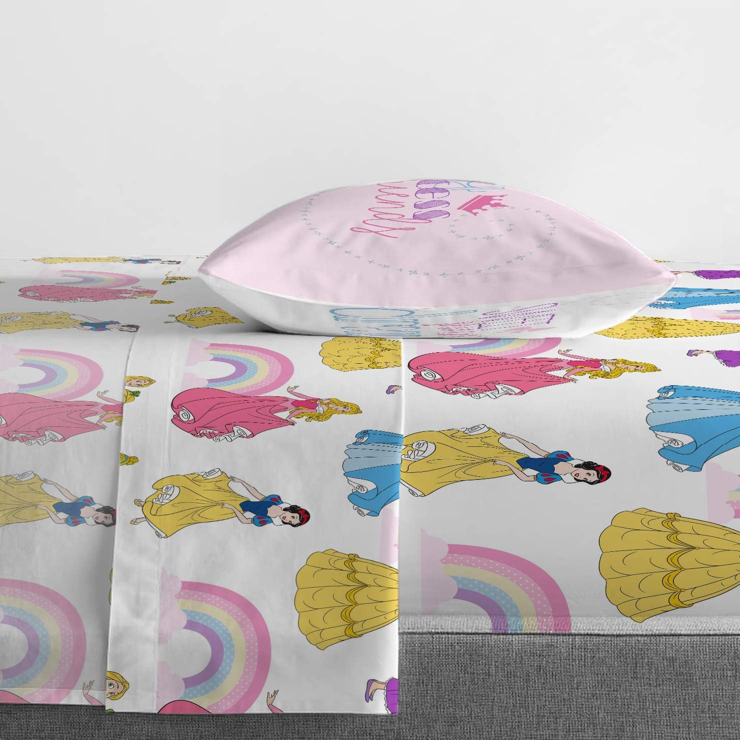 Jay Franco Disney Princess Rainbow 5 Piece Twin Bed Set - Includes Comforter & Sheet Set - Bedding Features Aurora, Belle, & Cinderella - Super Soft Fade Resistant Microfiber - Image 3