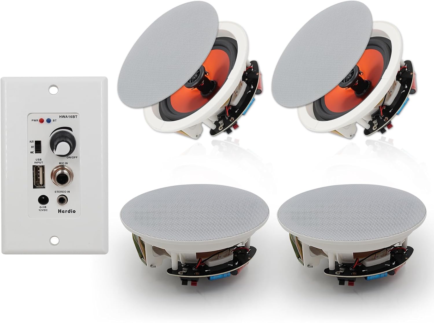 Herdio 6.5'' Bluetooth in Wall in Ceiling Speakers 600W 2-Way Flush Mount Speakers System with Wall Amplifier Receiver for Home Theater Office Bathroom(2Pairs, Paintable-Grille)