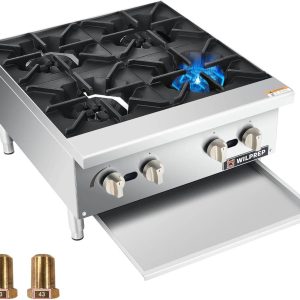 WILPREP Countertop Gas Range, 4 Burner Commercial Hot Plate with Total 100000 BTU, 24" Natural Gas Range with Propane Conversion Kit Grates, Stainless Steel Gas Stove for Restaurant Kitchen, silver