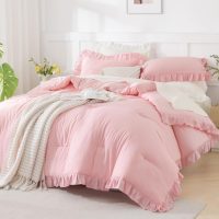Andency Pink Comforter Set Full, 3 Pieces Lightweight Soft Rustic Pink Ruffle Comforter Women Girls, Solid Farmhouse Shabby Chic Microfiber Bedding Comforter Set - Image 4