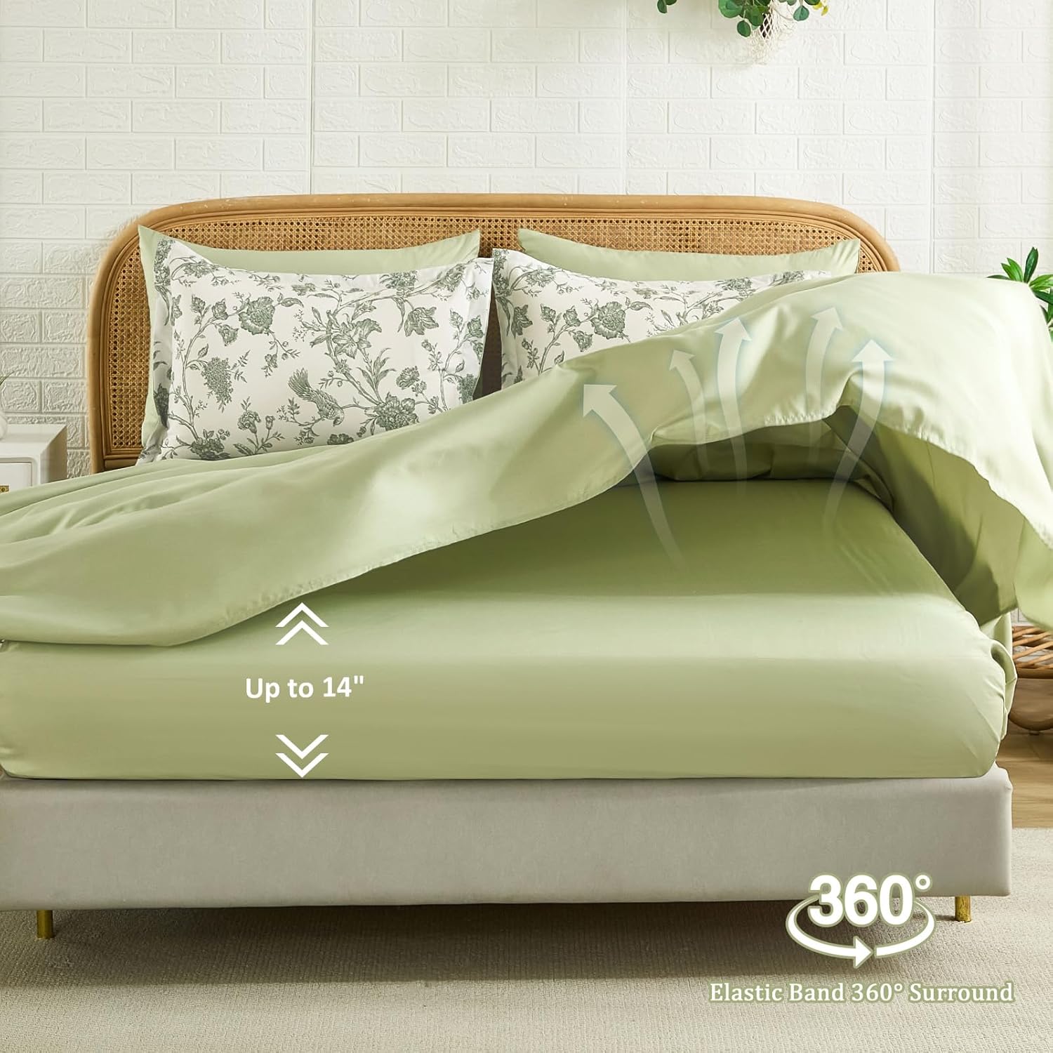 Luxudecor Floral Queen Comforter Set 7 Pieces Bed in a Bag, Sage Green Flower with Bird Bedding Set, Soft Reversible Comforter with Sheet Set 90"x90" - Image 5