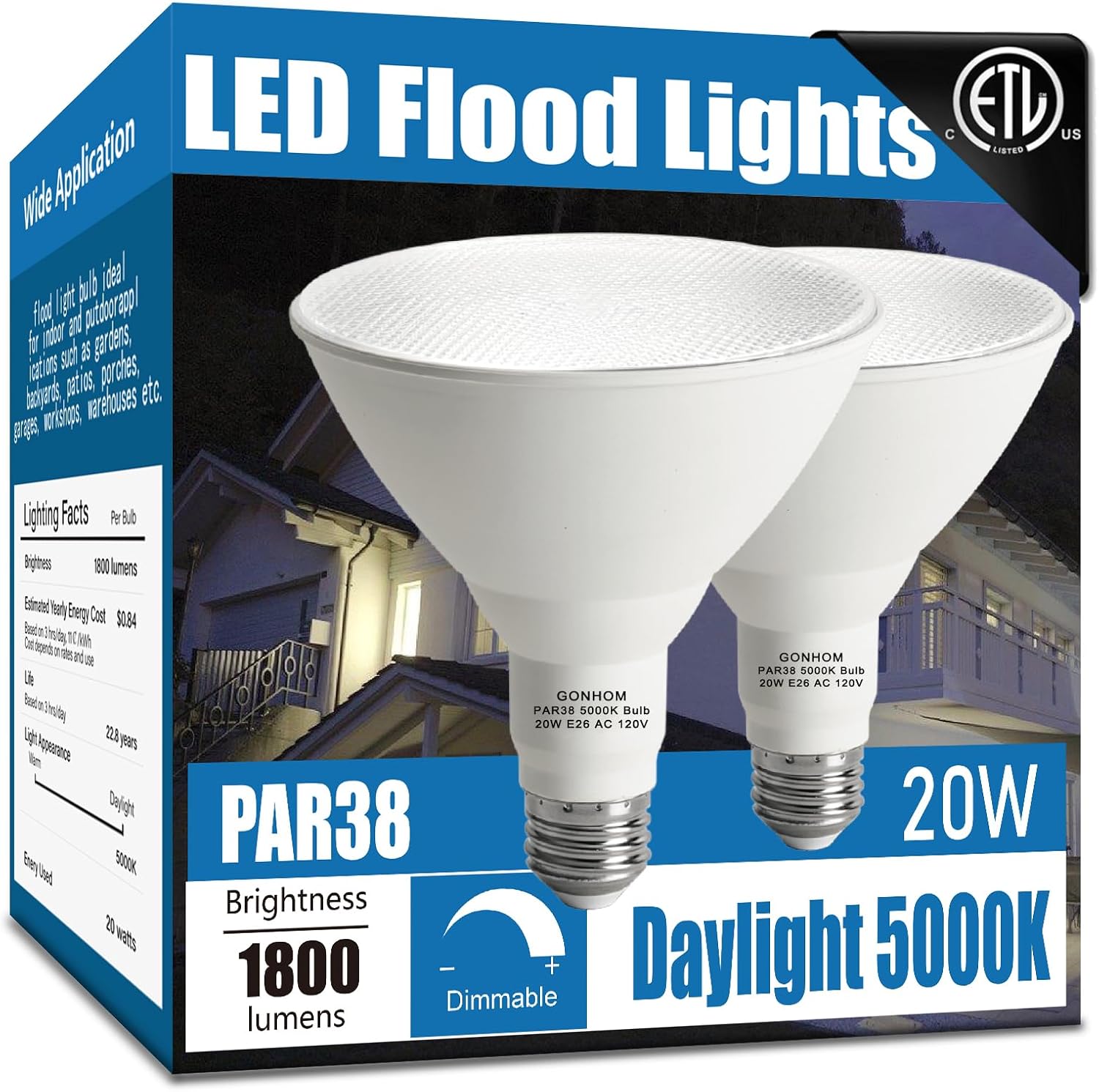 Par38 led Flood Lights Outdoor Light Bulb 2 Pack,Dimmable 5000K Daylight 1800LM,20W Replace up to 200W,Outdoor Flood Light Bulbs for Backyard,Garage,Porch,Garden
