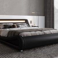 Allewie Queen Size LED Platform Bed Frame with Adjustable Headboard/No Box Spring Need/Easy Assembly/Faux Leather in Black - Image 3