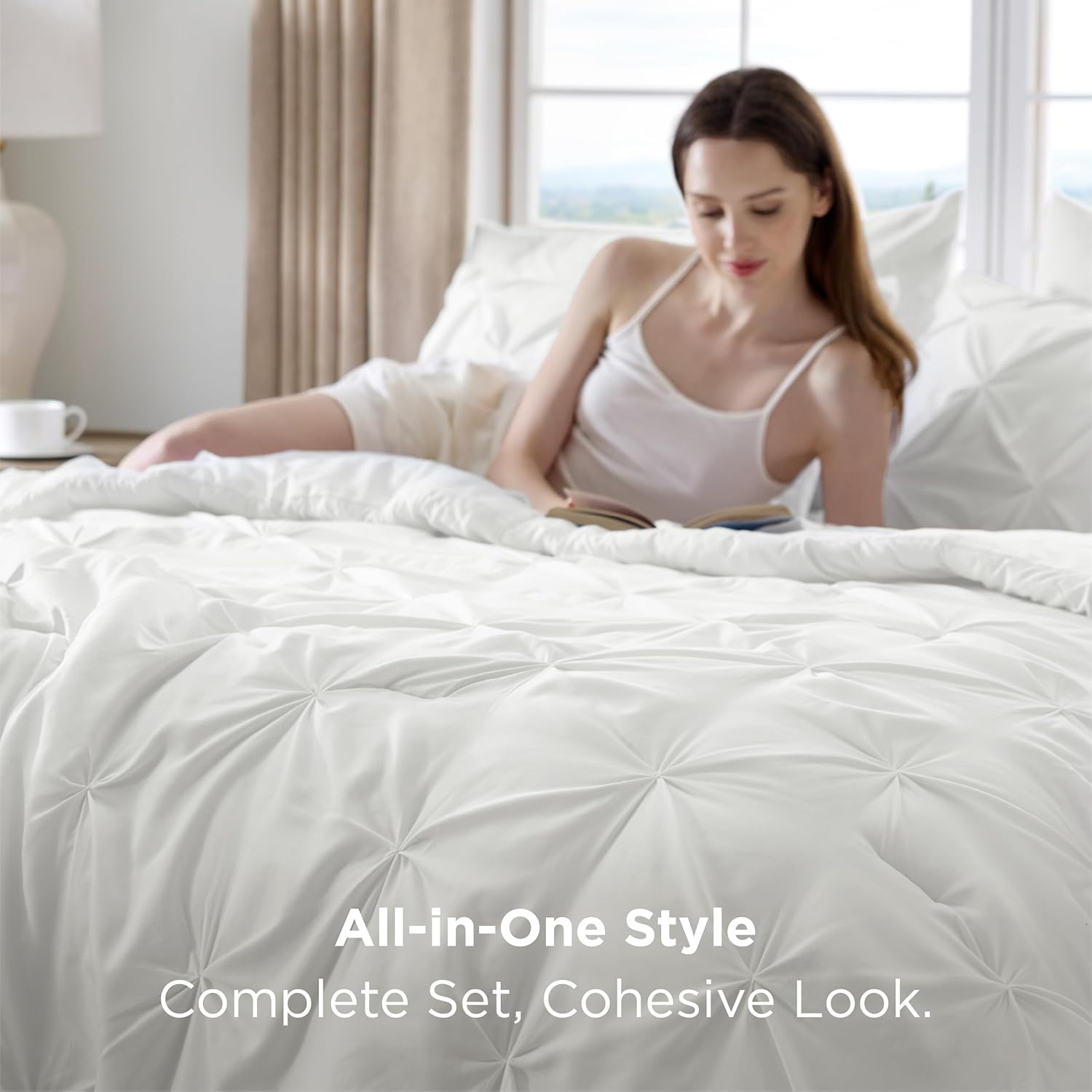 Bedsure Queen Comforter Set White - Bed in a Bag Queen Size 7 Pieces, GentleSoft™ Pintuck Bed Set Gift for Family, Pinch Pleat White Comforter with Sheets, Pillowcases & Shams - Image 2