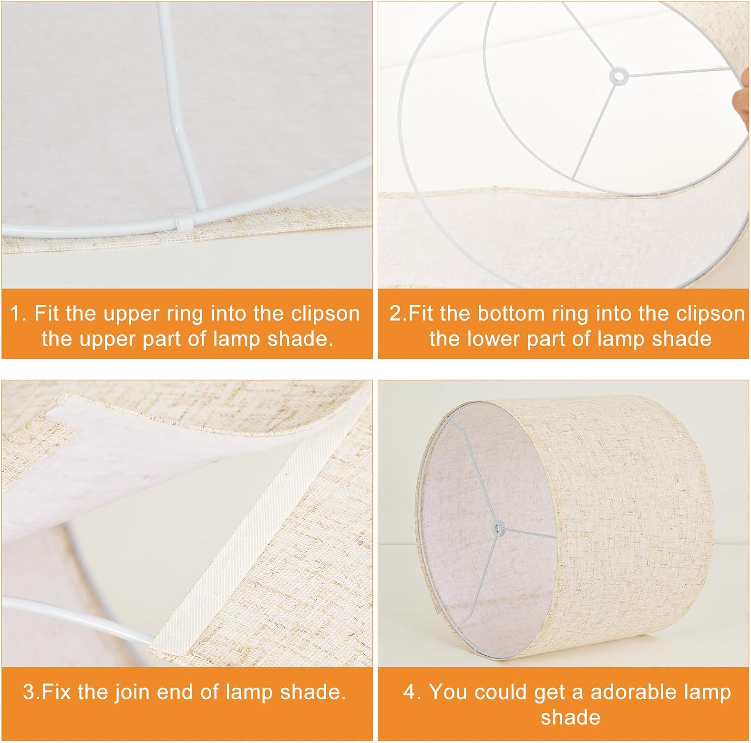 Beige Lamp shades Set of 2, Large Linen Drum Lampshades, 13" Top x 13" Bottom x 10" High Lamp Shade, Replacement Lampshades for Table and Floor Lamps, Pendant Light, Handcrafted, Easy Assembly - Image 5