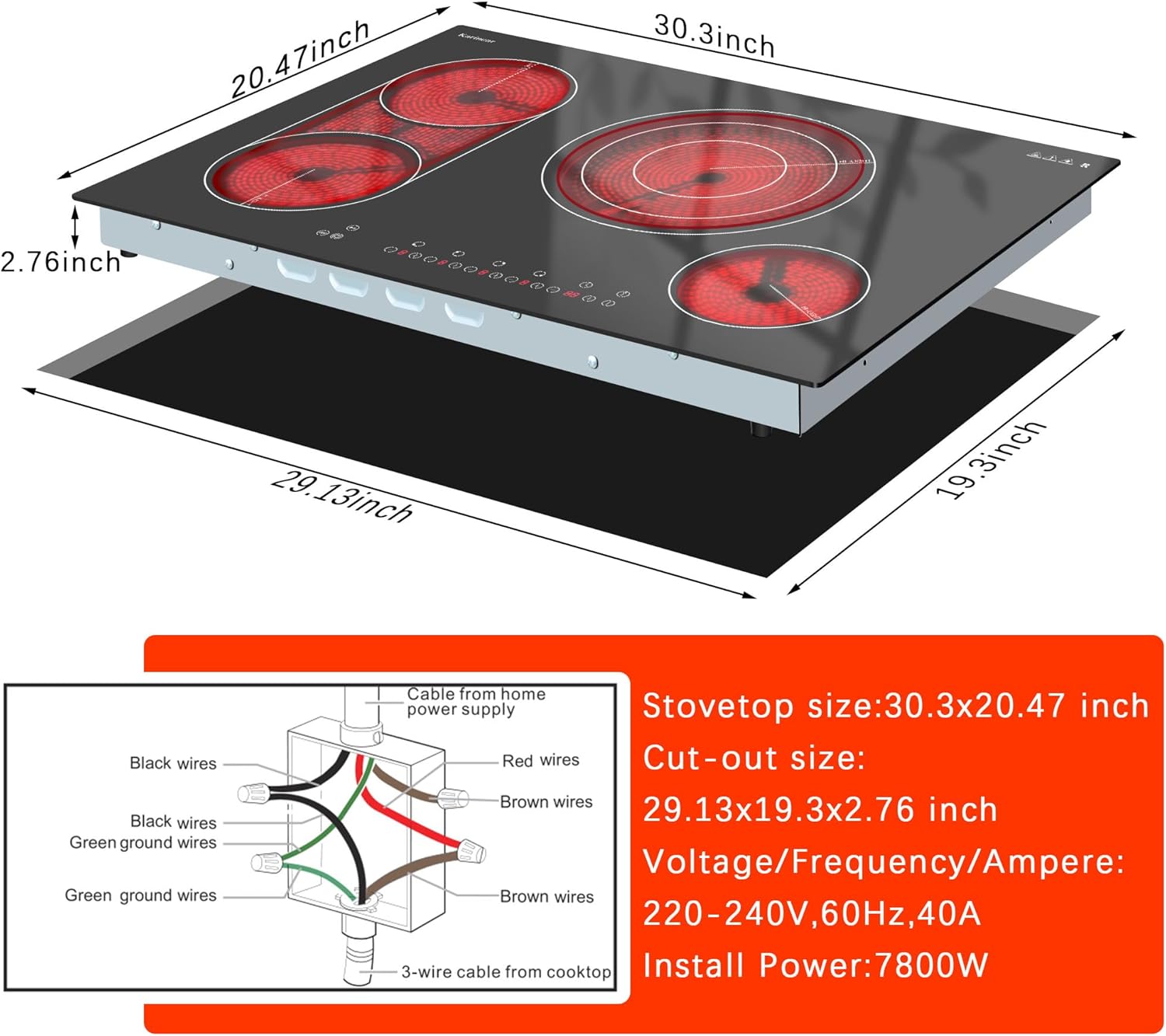 Karinear Electric Cooktop 30 Inch, 4 Burners Electric Stove Top, Flexible Bridge &Triple Ring Expandable Burners, Pause, Timer, Child Safety Lock, 7800W Built-in Ceramic Cooktop for 220-240V Hard Wire - Image 7