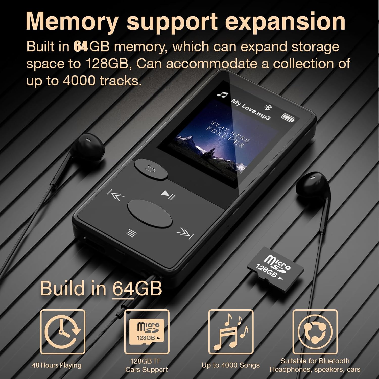 64GB Mp3 Player with Bluetooth 5.3 HiFi Sound, Mp3 Player with FM Radio, Mini Music Player for Kids Adults, Earphones Included, TF Card can be Inserted - Image 6