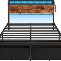 Furnulem Queen Size Bed Frame with Headboard, Platform Bed Frame Queen Size with 2 Storage Drawers and Charging Station & LED Lights, No Box Spring Needed, Noise Free - Image 8