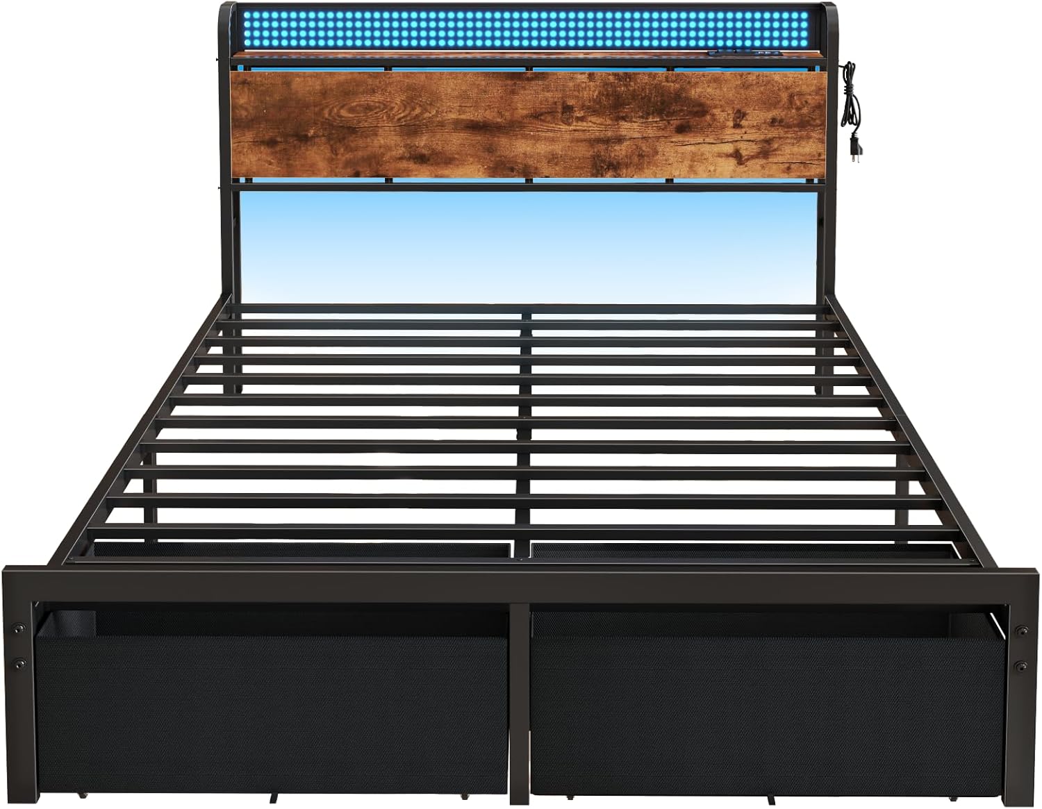 Furnulem Queen Size Bed Frame with Headboard, Platform Bed Frame Queen Size with 2 Storage Drawers and Charging Station & LED Lights, No Box Spring Needed, Noise Free - Image 8
