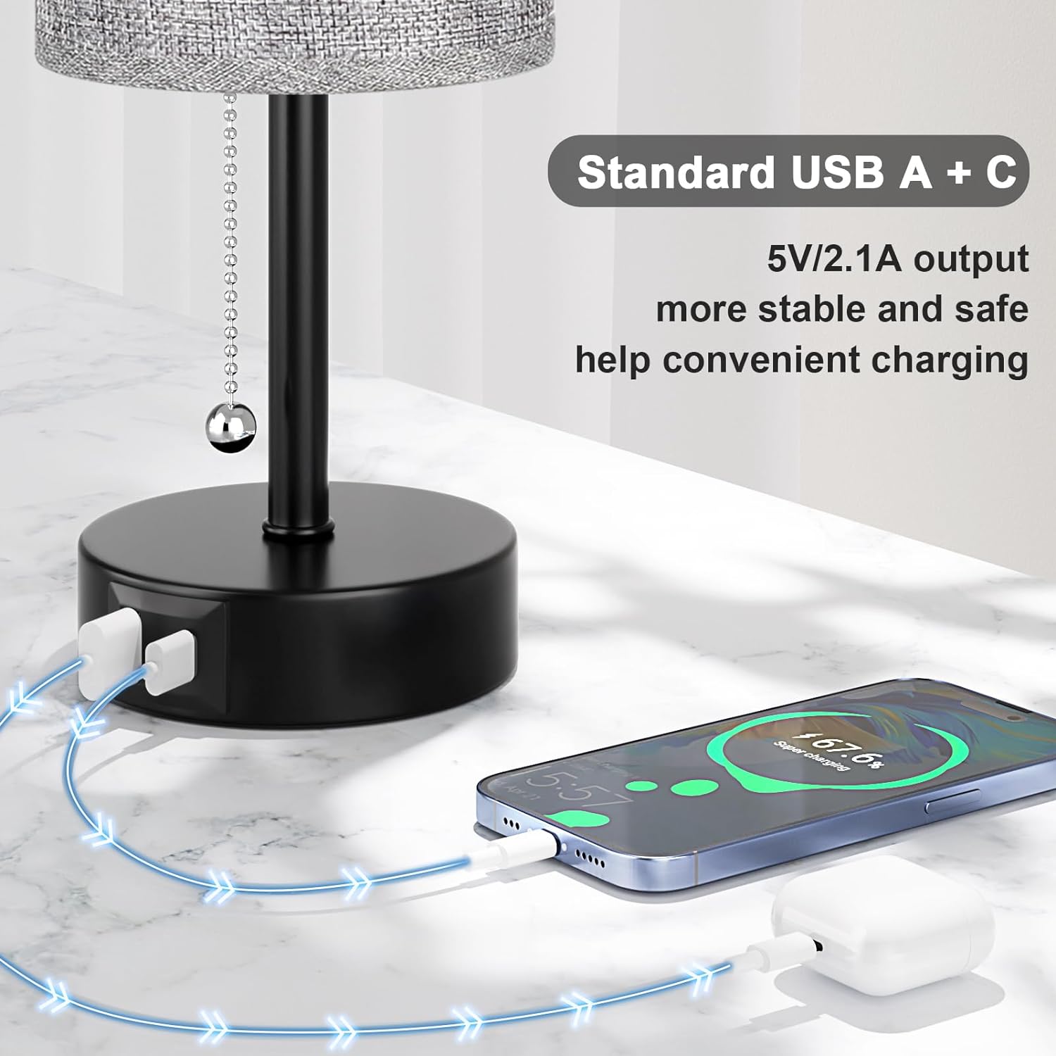 Grey Bedside Lamp for Bedroom Nightstand - Small Table Lamp with USB A + C Charging Port, 3 Color Temperatures Pull Chain Night Stand Light with Bulb, Side Table Desk Reading Lamp for Living Room/Dorm - Image 6
