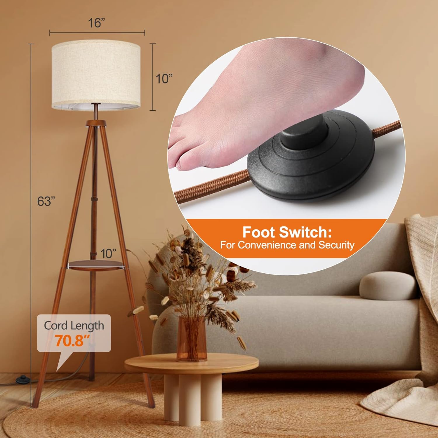 OUTON Wood Tripod Floor Lamp with Shelves, Mid Century LED Modern Dimmable Floor Lamp with Remote Control, Sturdy Tall Standing Lamp with Beige Linen Texture Shade for Living Room, Bedroom, Office - Image 4
