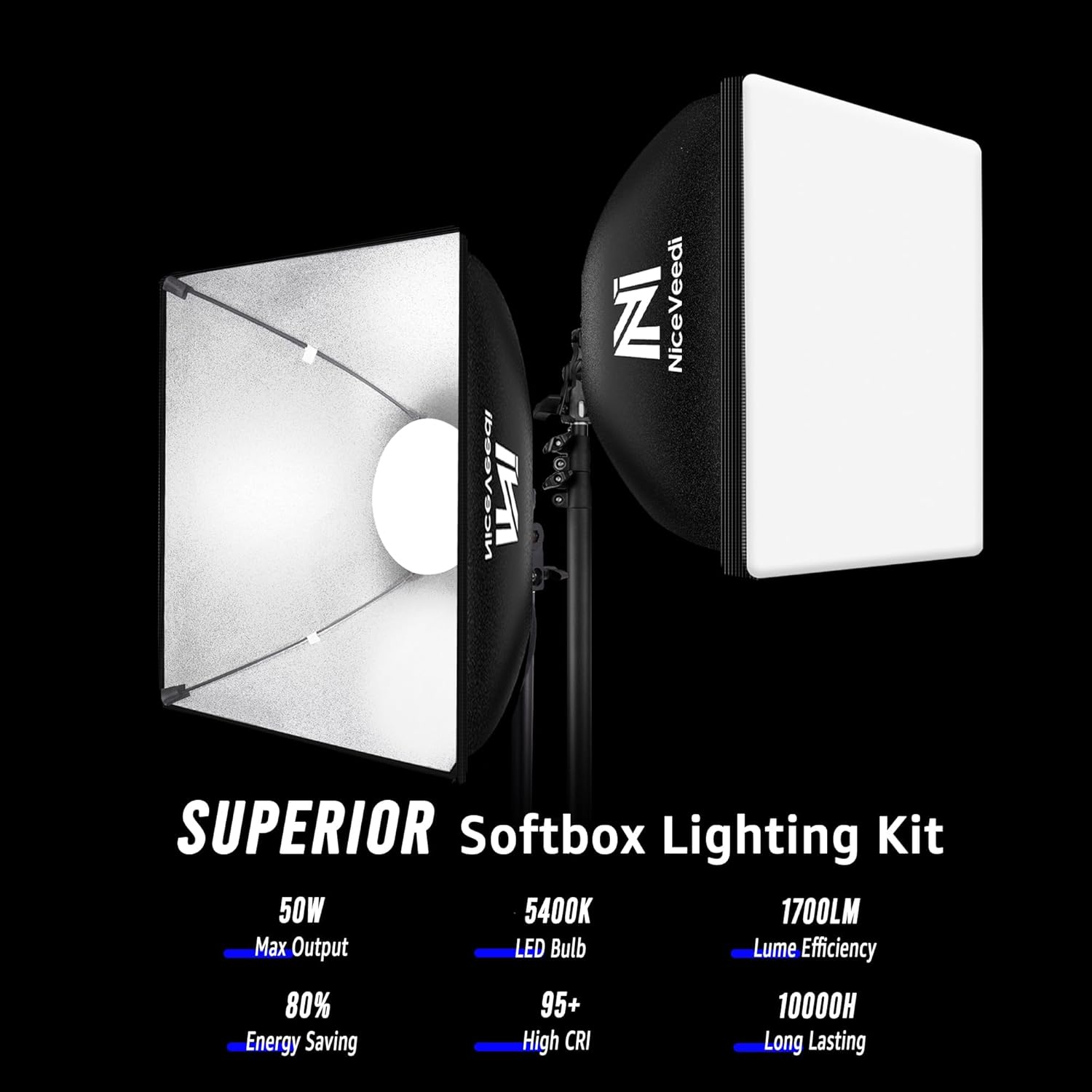 Softbox Lighting Kit, NiceVeedi 2-Pack 16'' x 16'' Softbox Photography Lighting Kit with 63” Tripod Stand & 5400K 450W Equivalent LED Bulb, Continuous Lighting for Photography/Video Record - Image 2