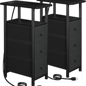 Narrow End Tables Living Room Set of 2 with Charging Station, Skinny Side Table with Fabric Drawers, Slim Nightstand for Bedroom, Small Spaces, Couch, Black, HETNDP03BK