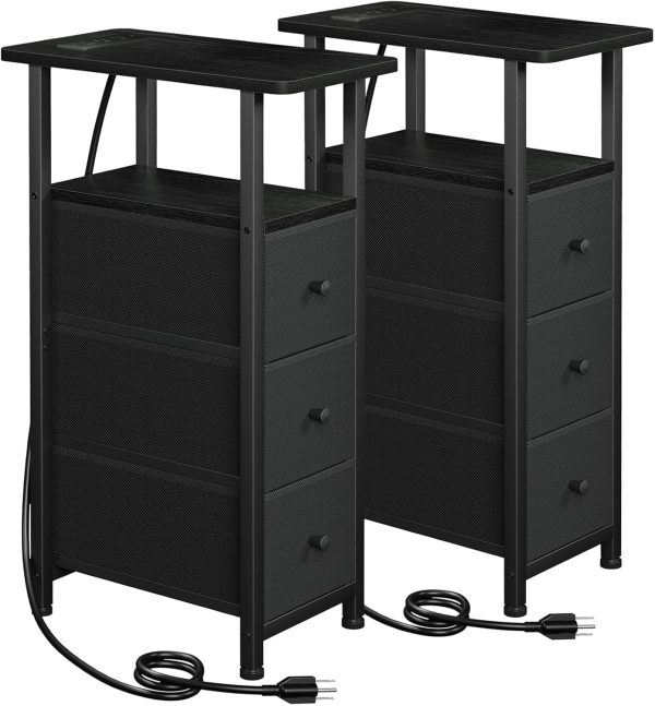 Narrow End Tables Living Room Set of 2 with Charging Station, Skinny Side Table with Fabric Drawers, Slim Nightstand for Bedroom, Small Spaces, Couch, Black, HETNDP03BK