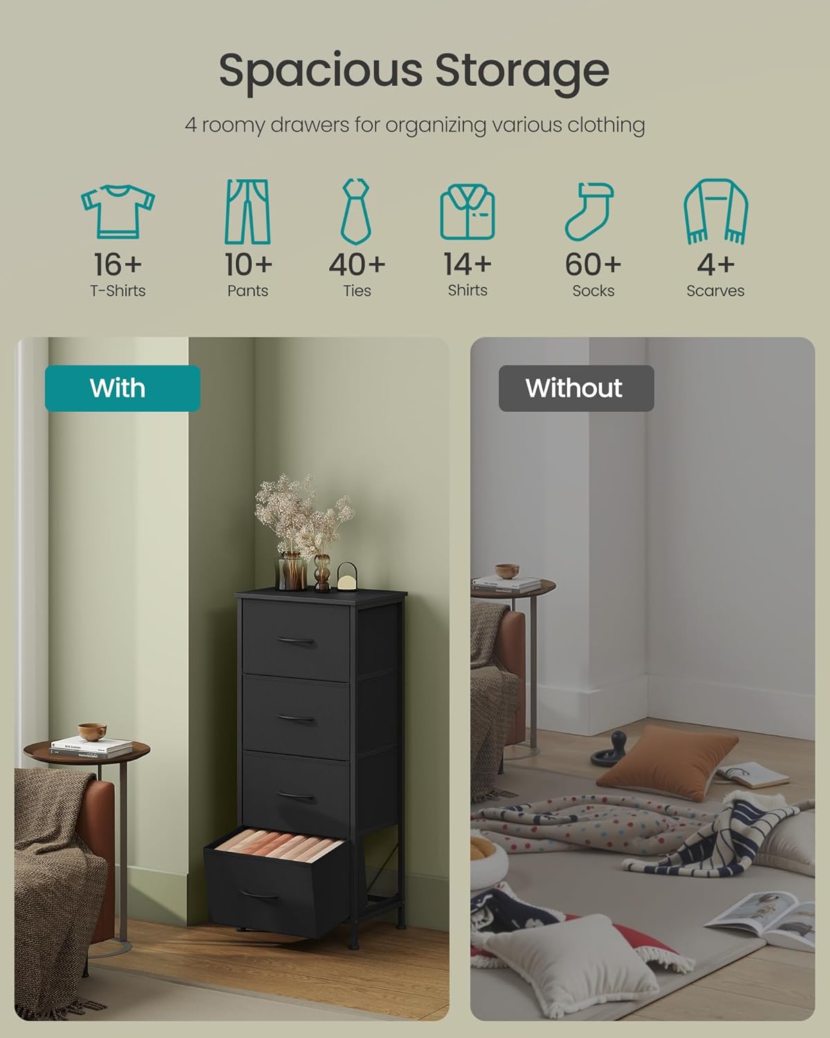 SONGMICS Dresser for Bedroom, Chest of Drawers, Steel, MDF, 4 Non-Woven Fabric Drawers, Storage Organizer Unit, Closet, Entryway, Ink Black and Ebony Black ULGS314B01S - Image 4