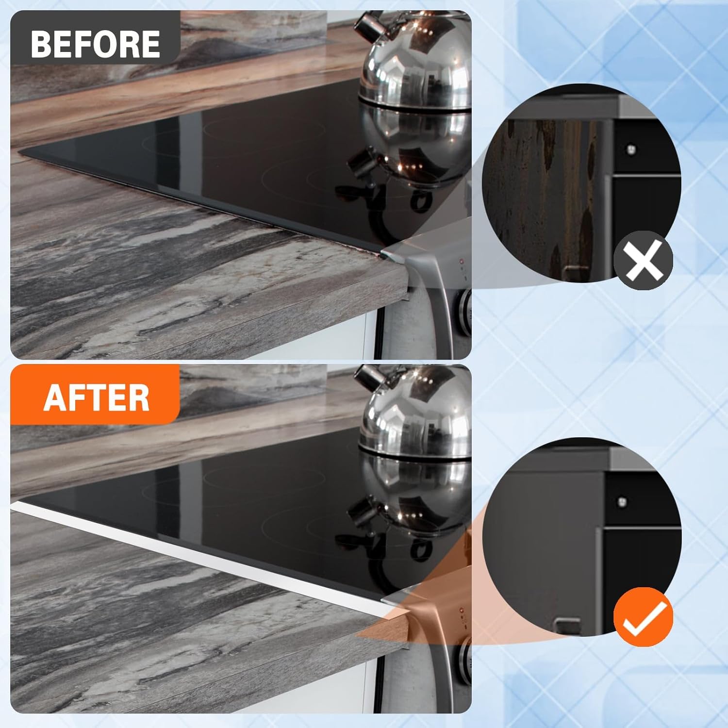 Stove Gap Covers Stainless Steel, 2 Pack Stove Gap Filler Easy Retractable Length 13.8" to 27.5", Width 0.79" ALMCALS Stove Gap Guards Range Trim Kit, Heat Resistant Guard Between Stove Top & Counter - Image 7