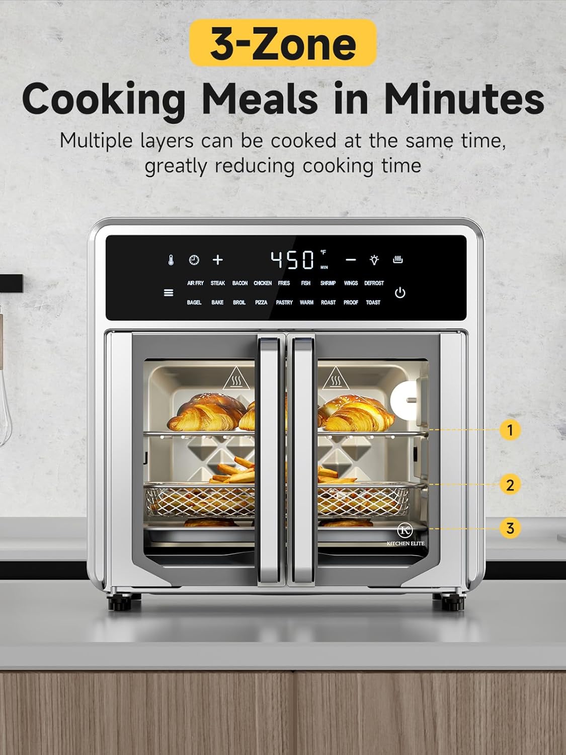 Kitchen Elite Air Fryer French Door Oven,15.8 Qt Toaster Oven Countertop Combo,18 Presets & 1 Preheat & Light, Airfryer Basket,Wire Rack,Baking Pan,Crumb Tray,Compact Design,Stainless Steel,Small - Image 4