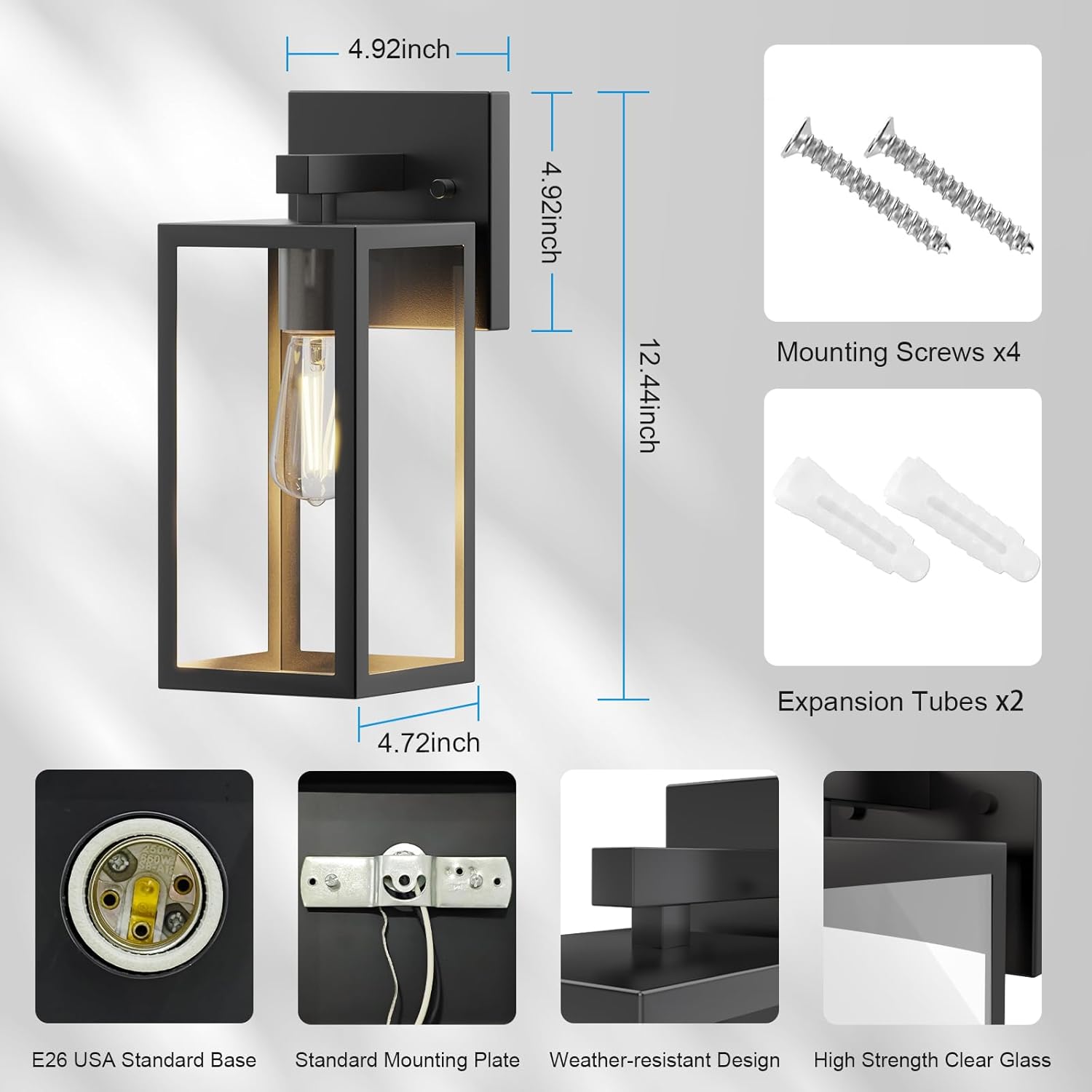 Kalium Porch Lights Outdoor Wall Light Fixture 2pcs, Matte Black, Wall Sconce 12.4 in, Toughened Frame, Clear Glass Shade, Waterproof Lanterns, Suitable for Patio, Exterior, Front, Door, Entryway - Image 4