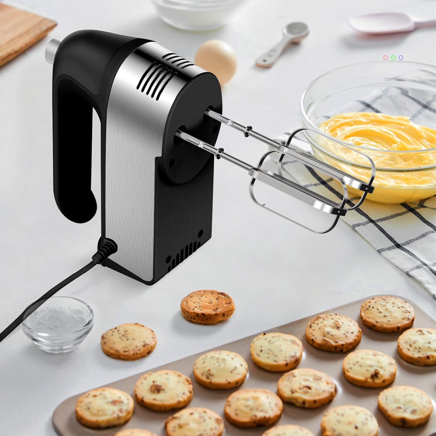 Hand Mixer Electric, 450W Kitchen Mixers with Scale Cup Storage Case, Turbo Boost/Self-Control Speed + 5 Speed + Eject Button + 5 Stainless Steel Accessories, For Easy Whipping Dough,Cream,Cake - Image 6