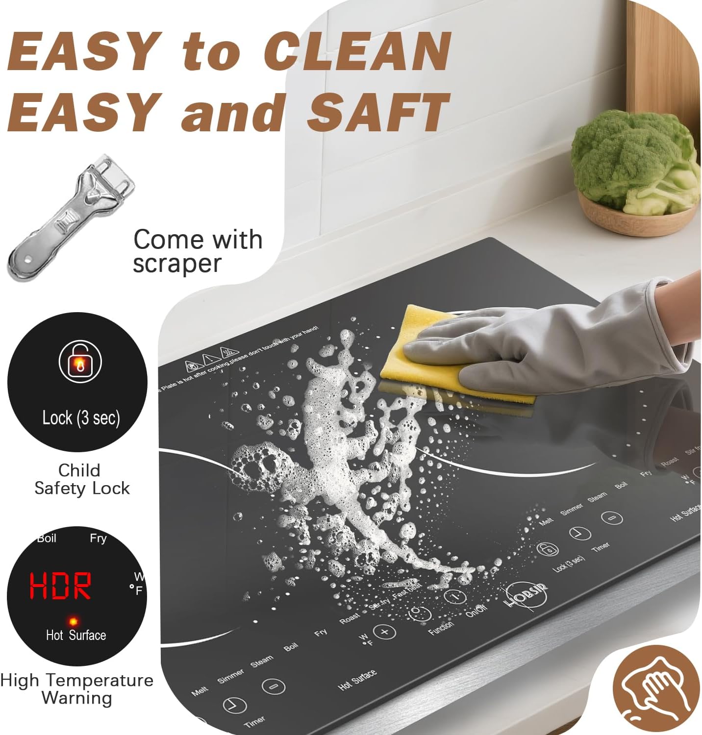 Hobsir 2 Burner Electric Cooktop 110v, 2000W, Electric Stove Top Burner, 24 Inch Countertop and Built-in Hot Plate Stove with Plug, LED Touch, Menu, Safety Lock for Kitchen Apartment RV Camp Stoves - Image 7
