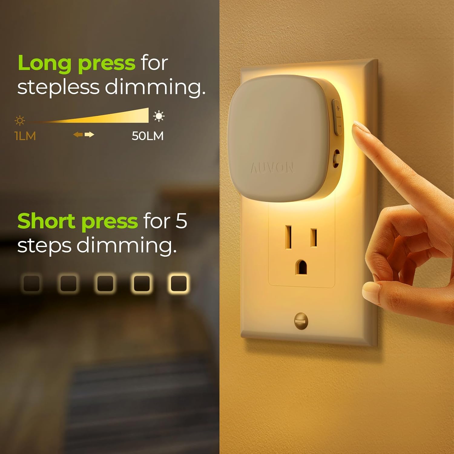 AUVON Plug-in LED Backlit Night Light with Motion Sensor & Dusk to Dawn Sensor, Dimmable Warm White Nightlight with 1-50 lm Adjustable Brightness for Bedroom, Bathroom, Stairs, Hallway (4 Pack) - Image 5