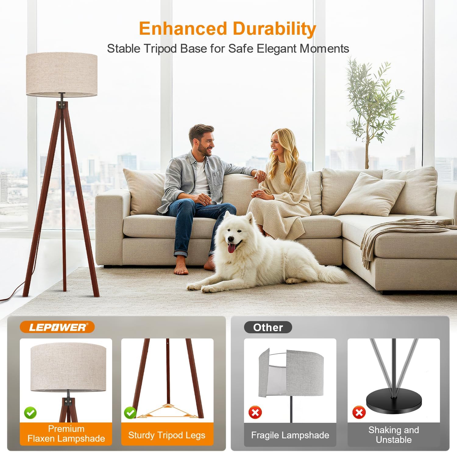 LEPOWER Wood Tripod Floor Lamp, Mid Century Standing Lamp, Modern Design Studying Light for Living Room, Bedroom, Study Room and Office, Flaxen Linen Shade with E26 Base Brown - Image 2