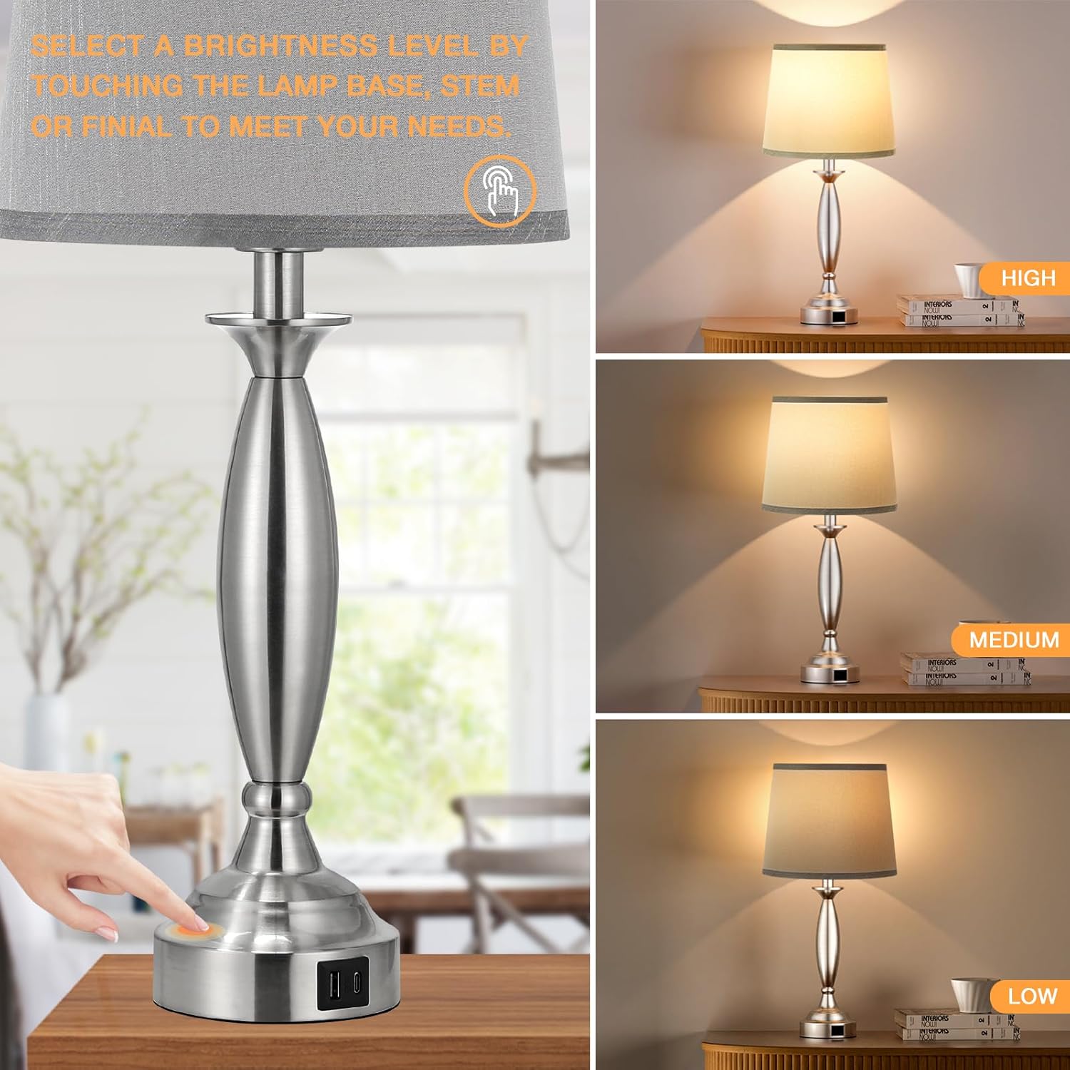 Bedrooms Touch Control Bedside Lamp with USB C+A, 3 Way Dimmable Nightstand Lamps with USB Port, Brushed Nickel Table Lamp for Living Room Guest Room Bed Side End Table, Set of 2 - Image 3