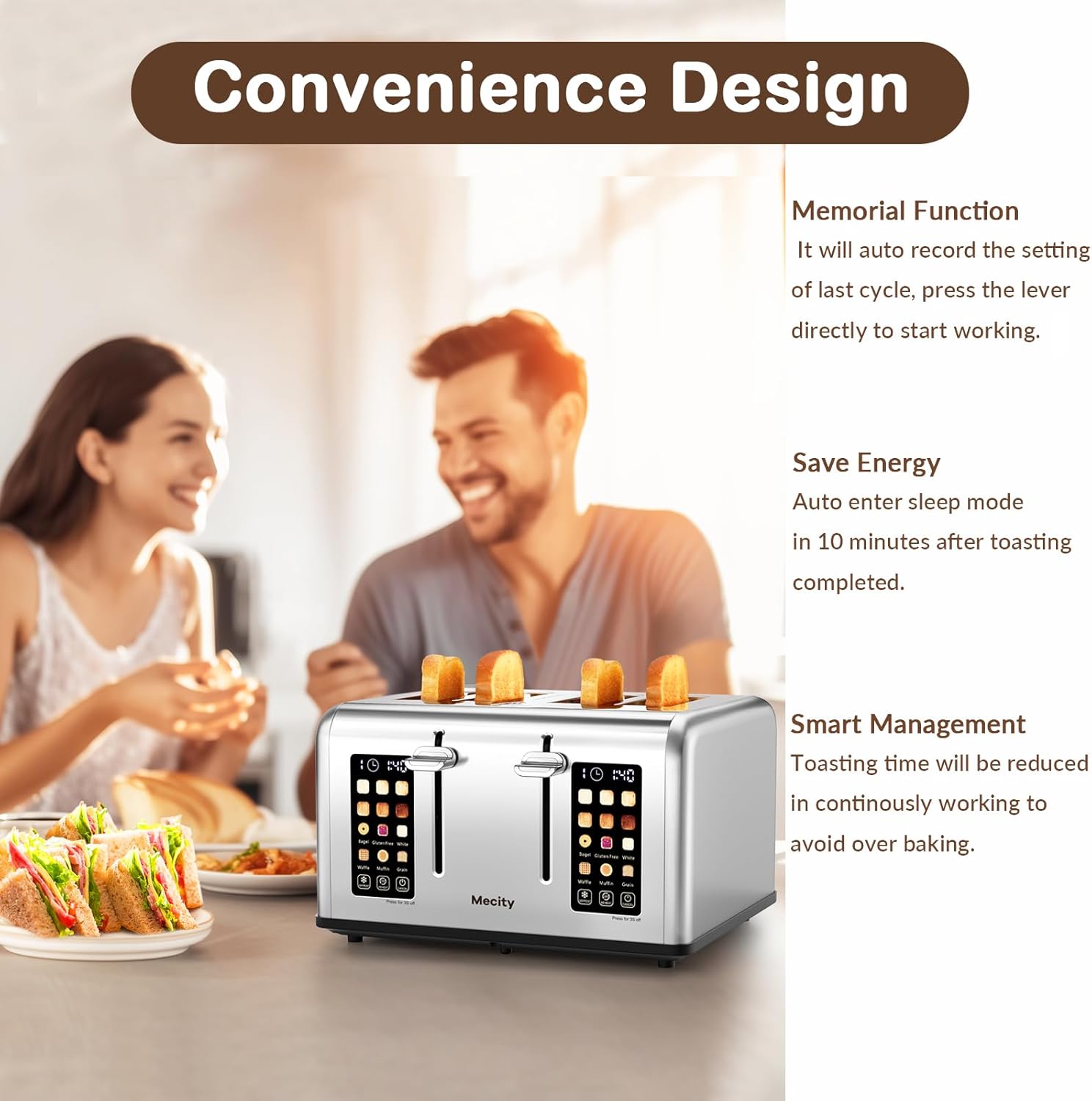 Mecity 4 Slice Toaster with Touch Screen Control, 4 Wide Slots, Stainless Steel Smart Bread Toaster for Bagels, Muffins, Waffles, Dual Control Panel, Timer, Defrost, Reheat, 120V 1650W - Image 5