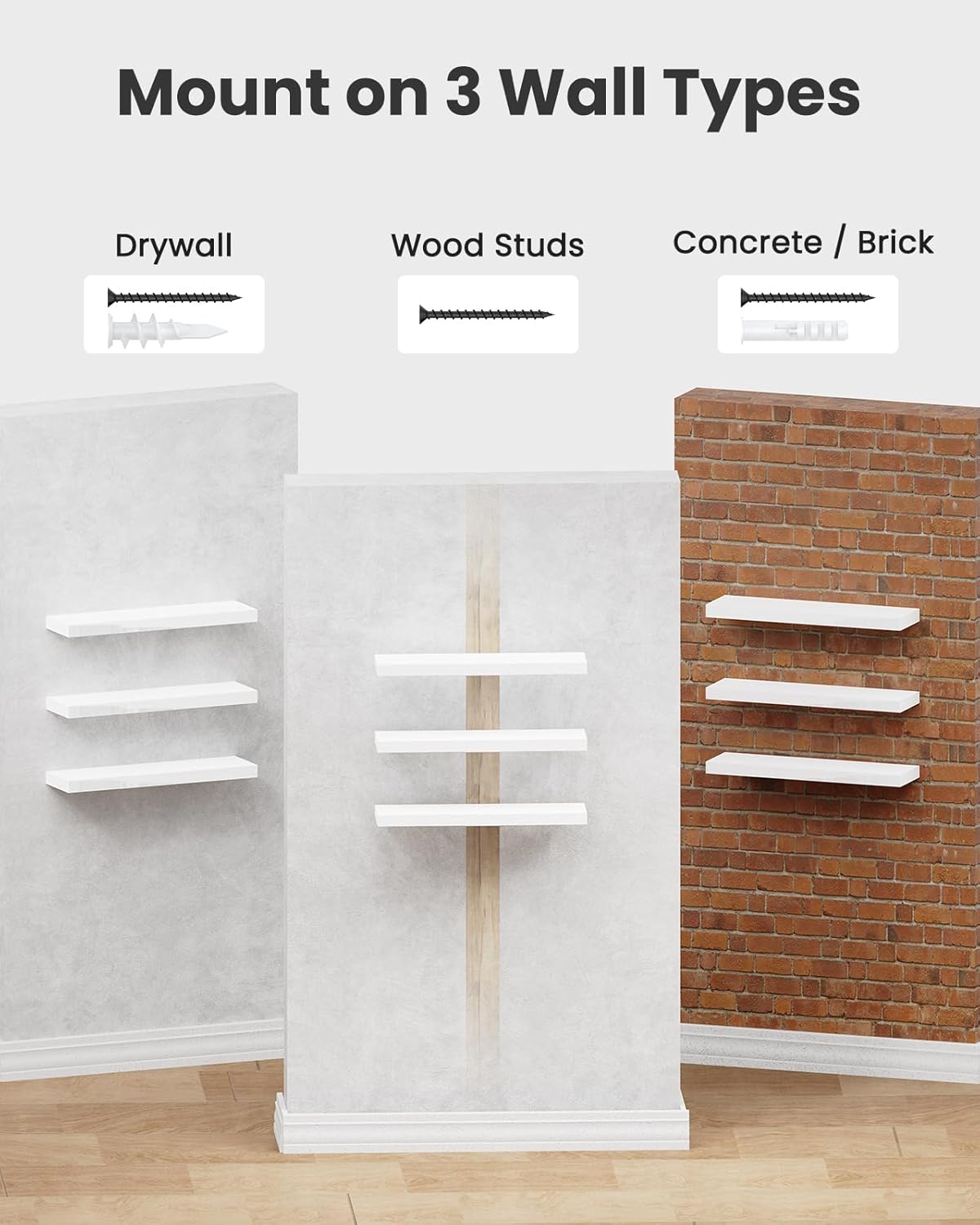 AMADA HOMEFURNISHING Floating Shelves, Wall Shelves for Bathroom/Living Room/Bedroom/Kitchen Decor, White Shelves with Invisible Brackets Set of 3 - AMFS08 - Image 5