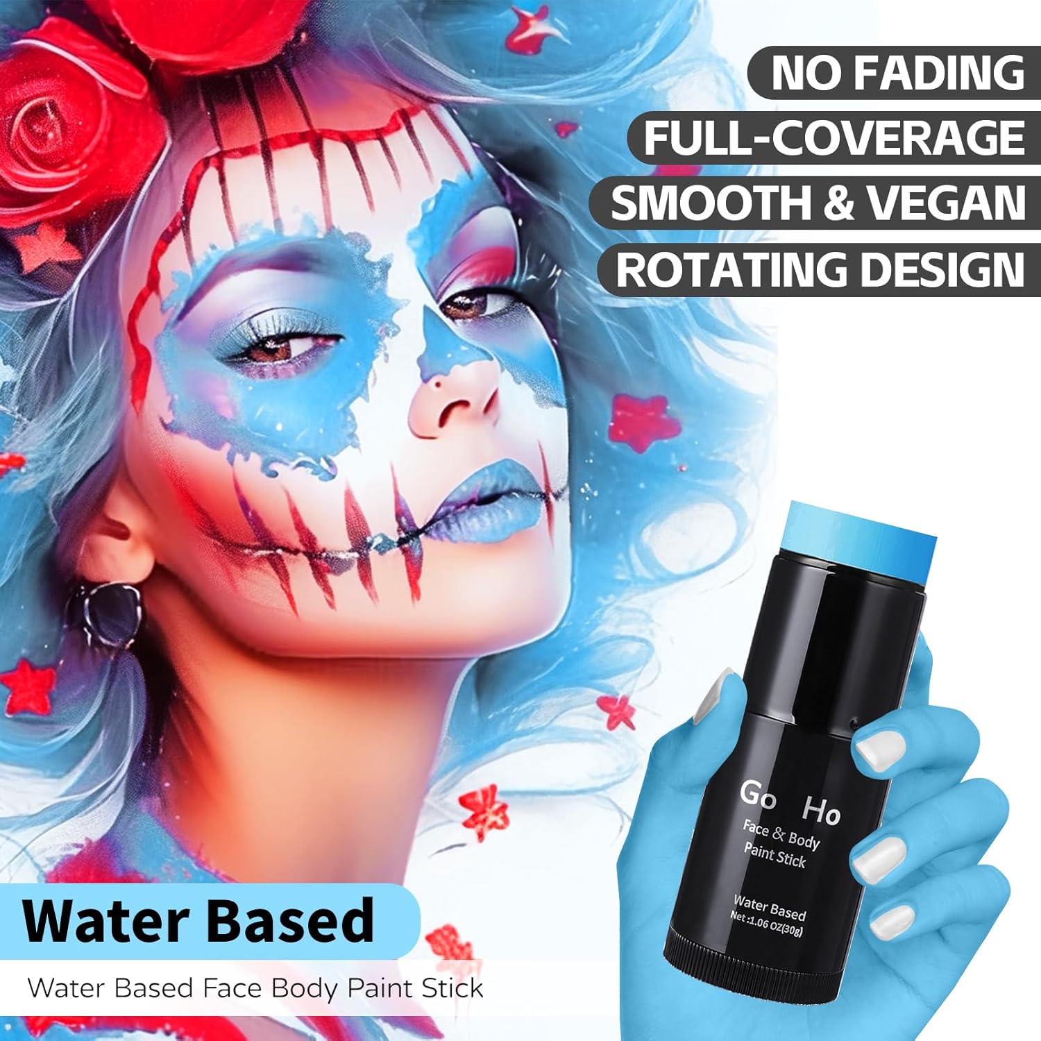 Go Ho Light Blue Face Body Paint Stick,Water Based Washable Pale Blue Face Paint Stick,Full-coverage Cream Blue Body Paint for Adults Children Halloween Cosplay SFX Ghost Bride Sally Makeup - Image 2